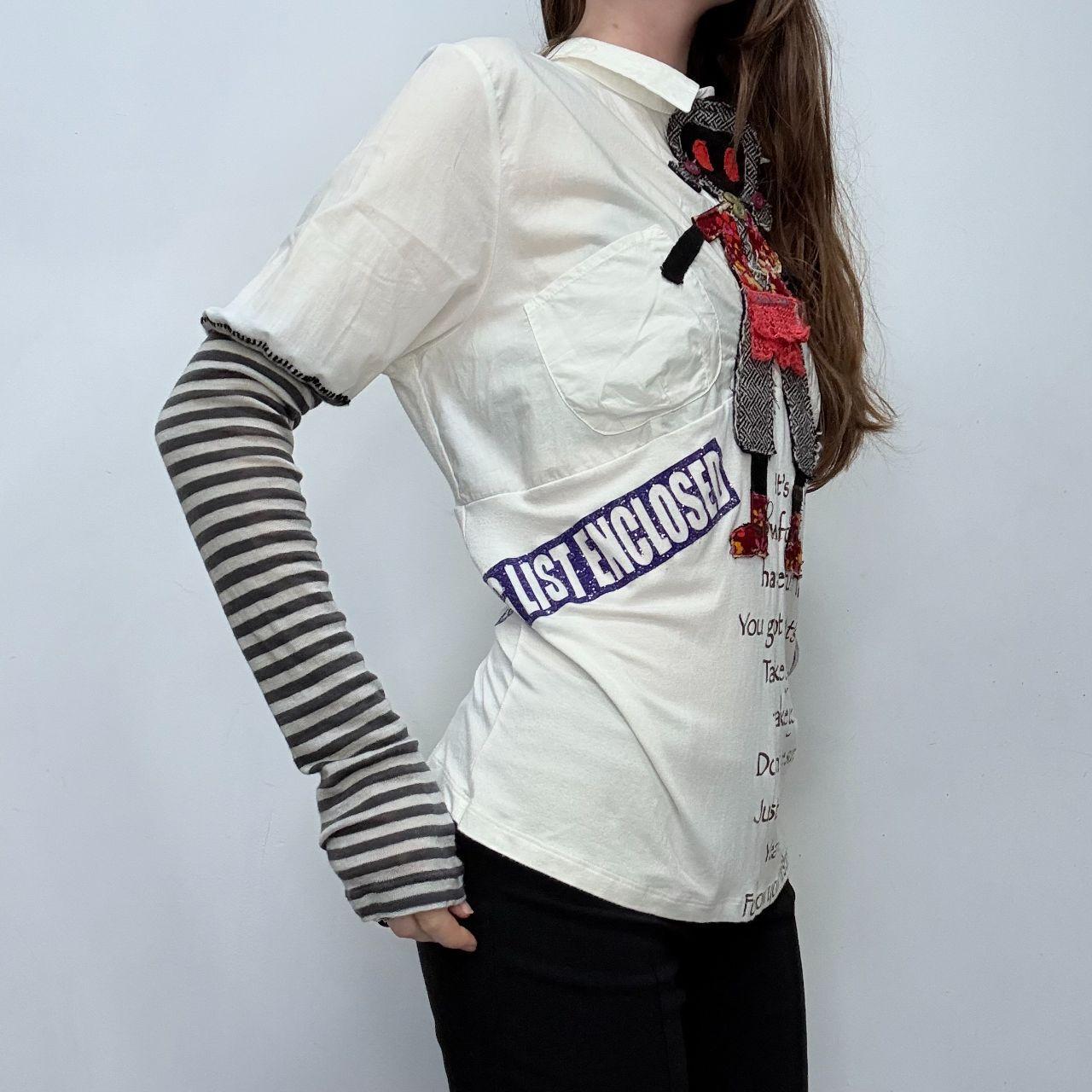 White graphic appliqué puff striped shirt