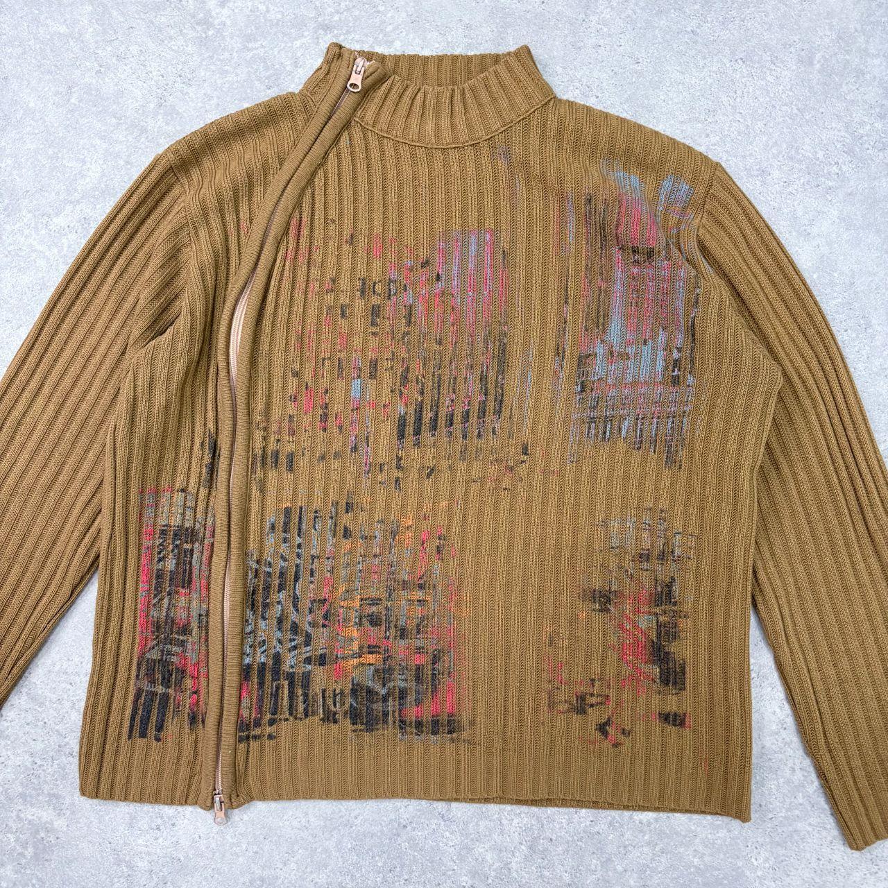 Tan ribbed flared asymmetric-zip jumper