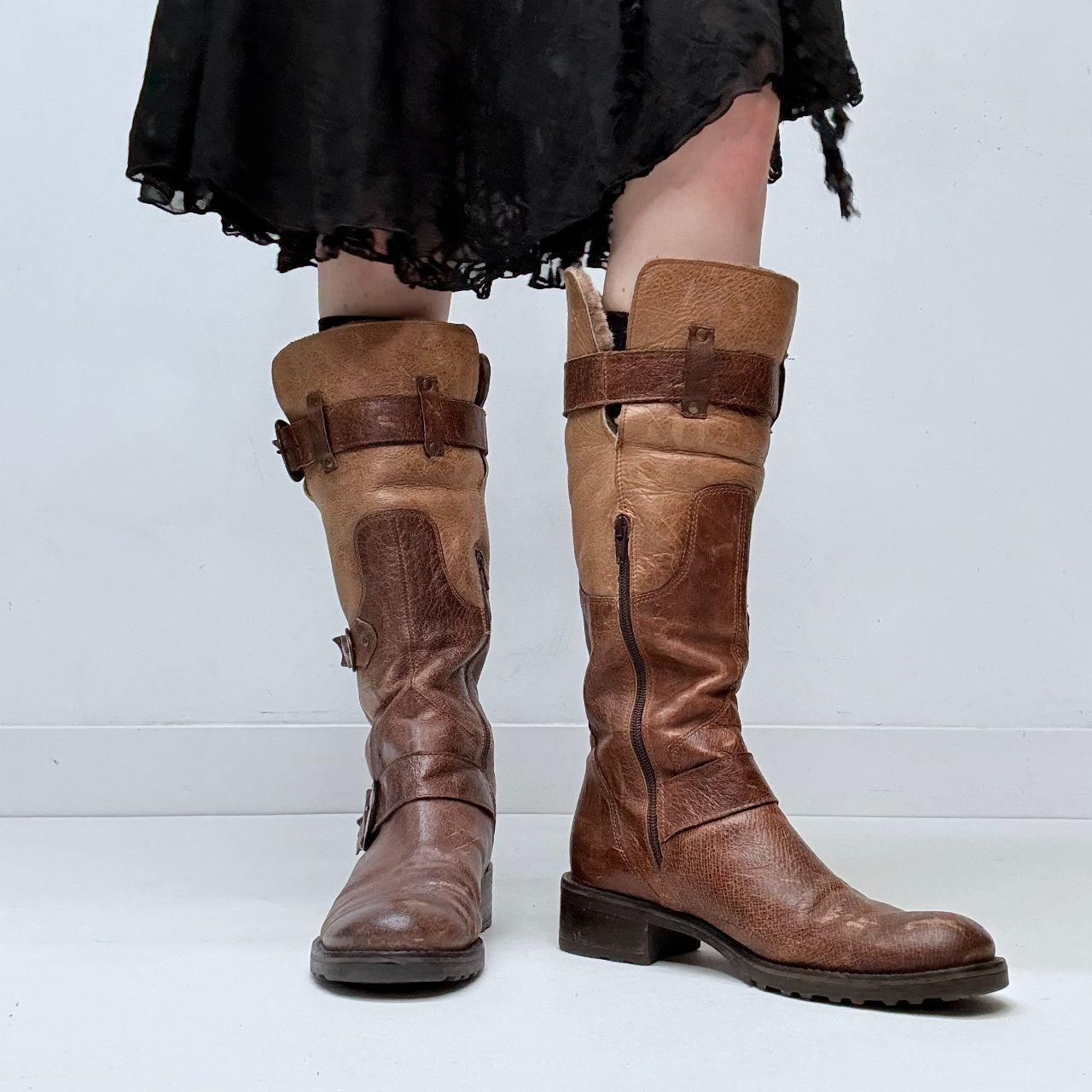 Brown leather biker boots