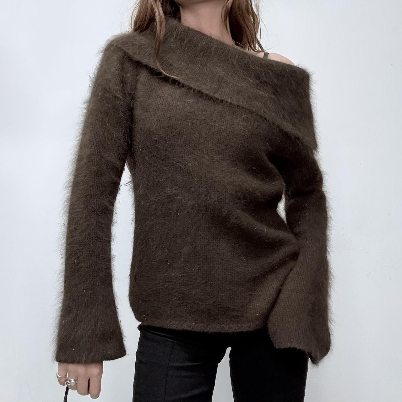Brown asymmetric slouchy fold over neck flared jumper