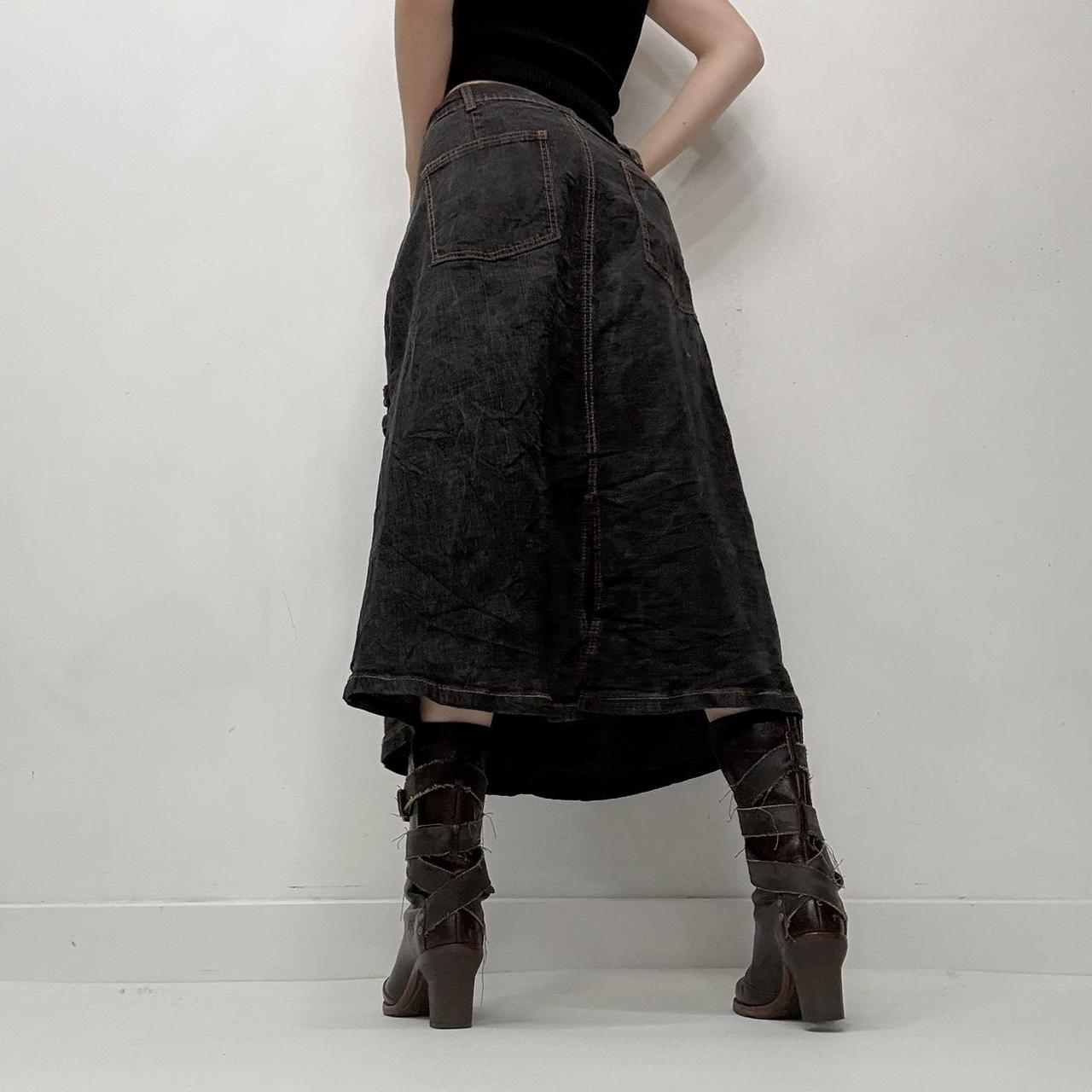Distressed denim grunge midi skirt