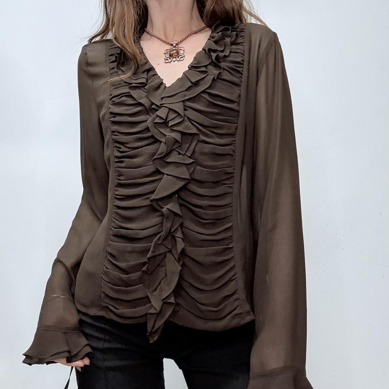 Sheer brown silky gathered ruffle shirt