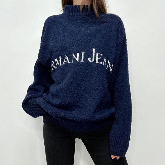 Slouchy navy knitted graphic jumper