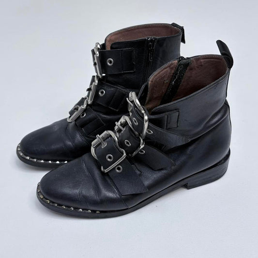 Black leather studded buckle boots