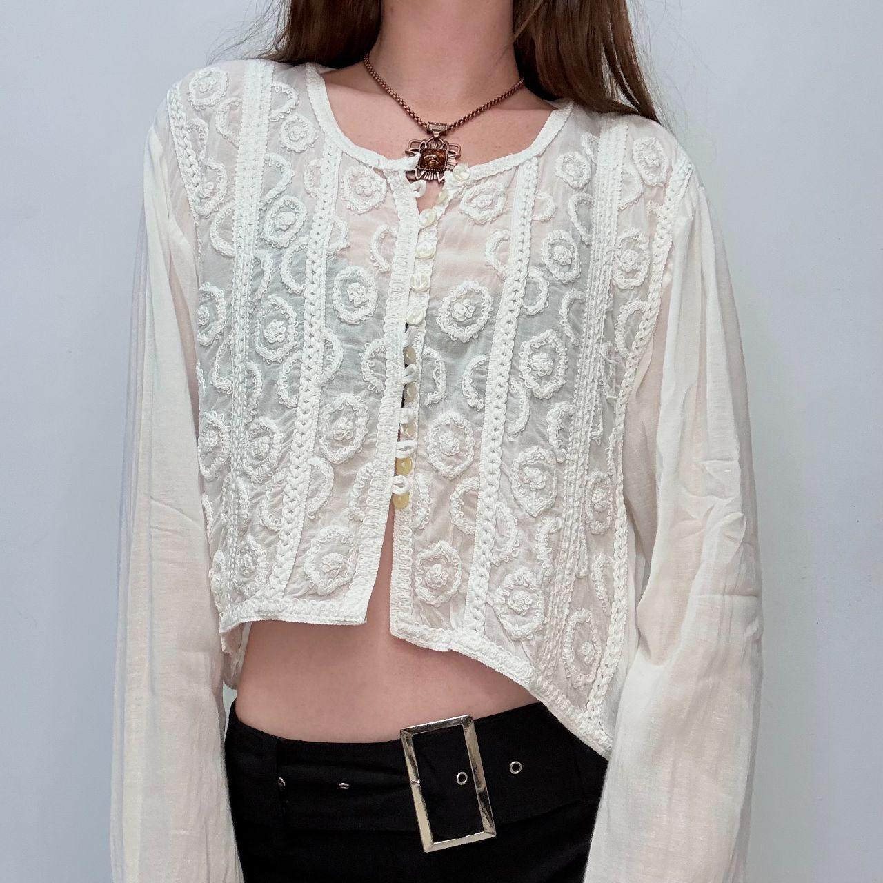 Sheer white embroidered cropped button shirt