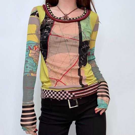 Sheer graphic long sleeve patchwork top