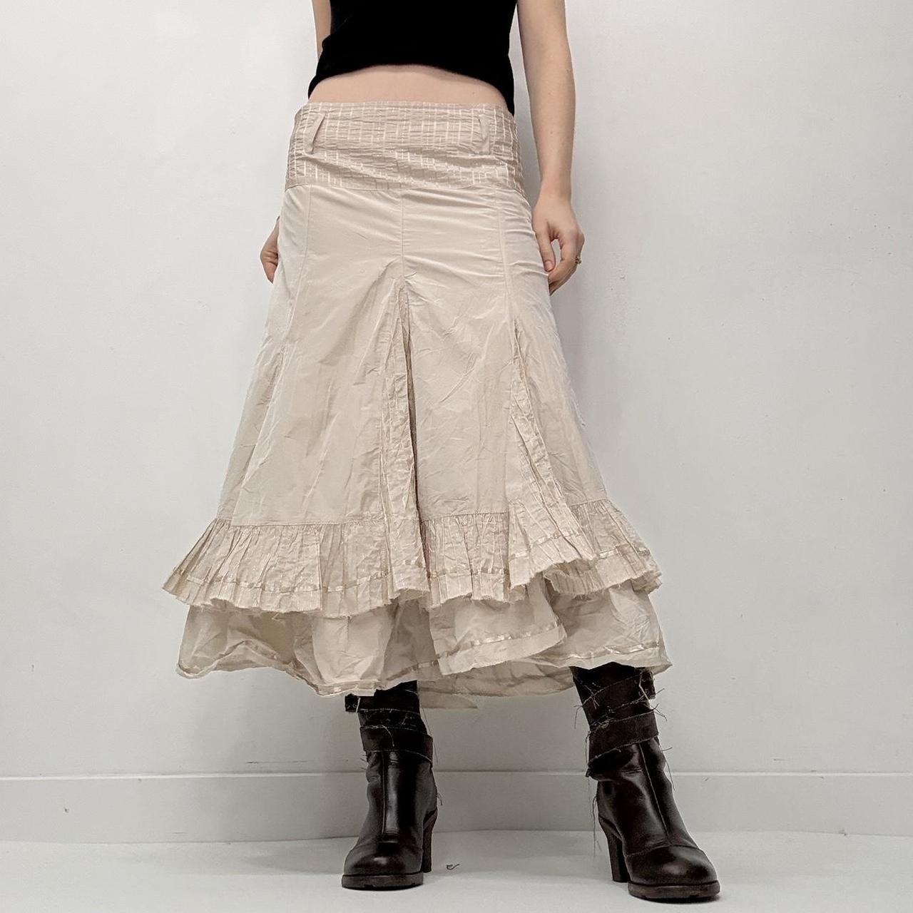 Tan pinstripe flared ruffle midi skirt