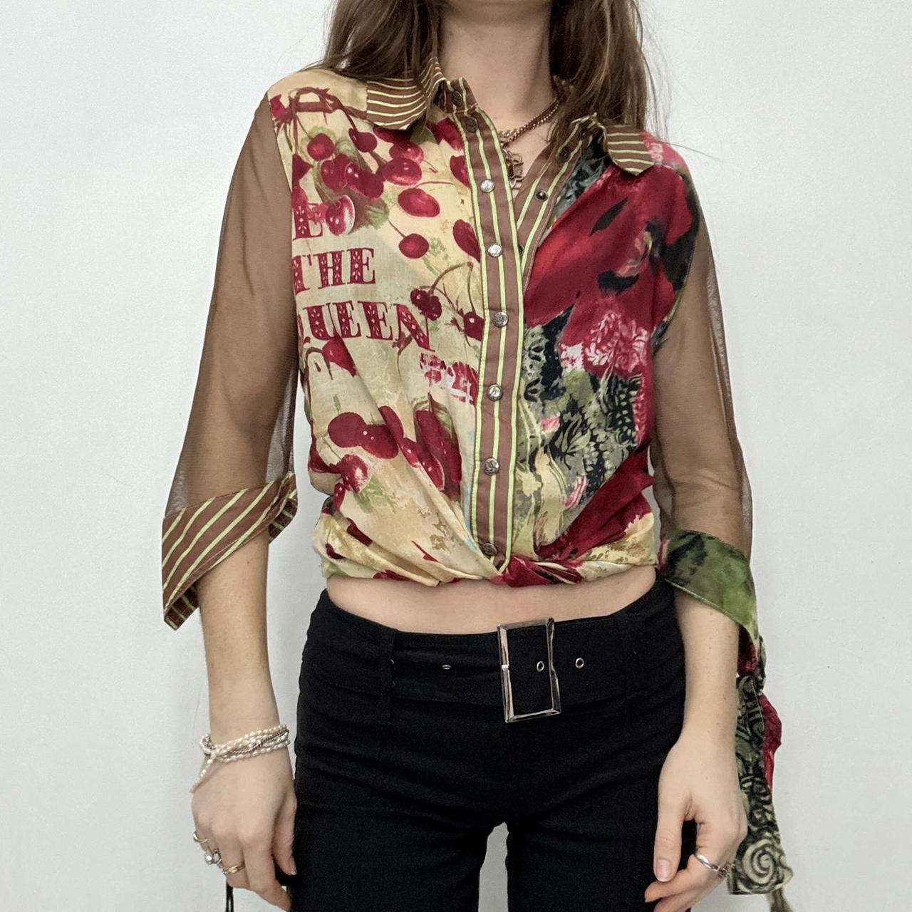Save the Queen graphic mesh flared shirt