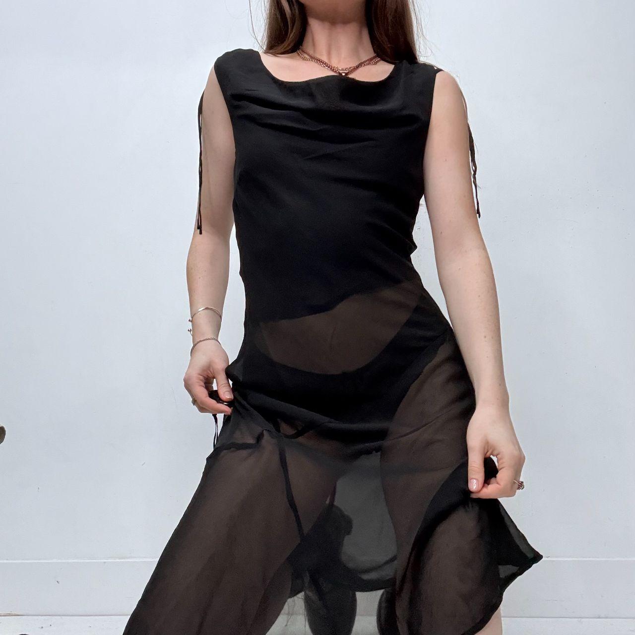 Black sheer silk drape cowl neck dress
