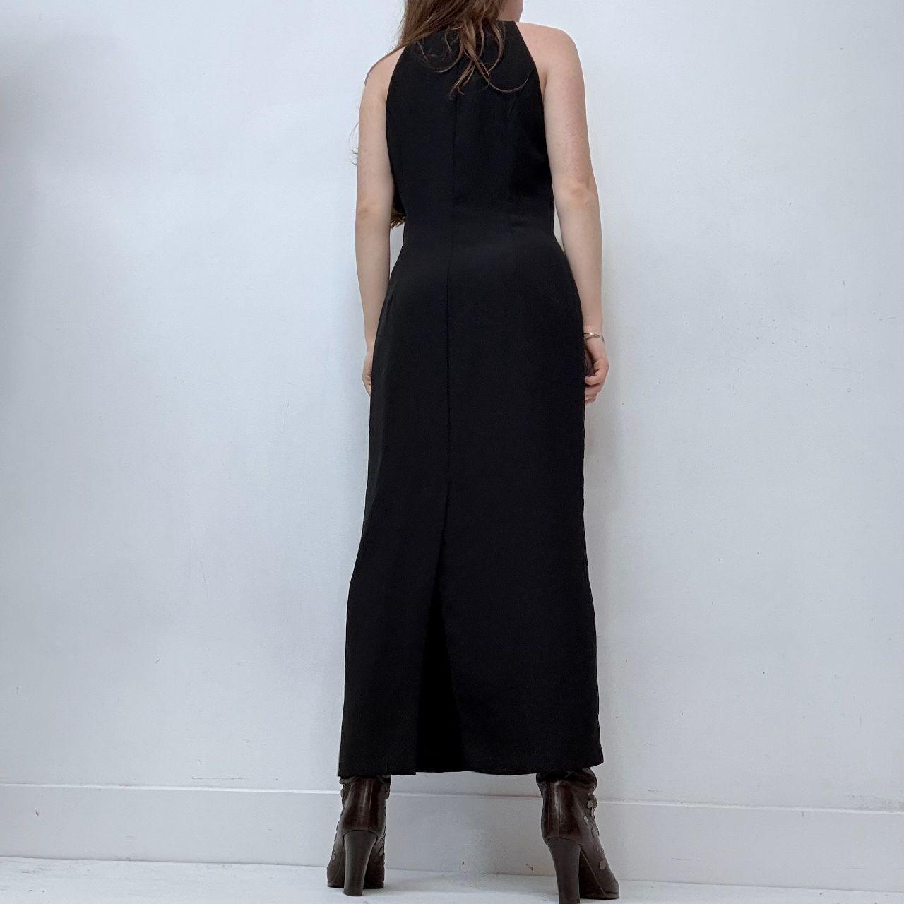 Black a-line bias cut sleek 90s high neck dress