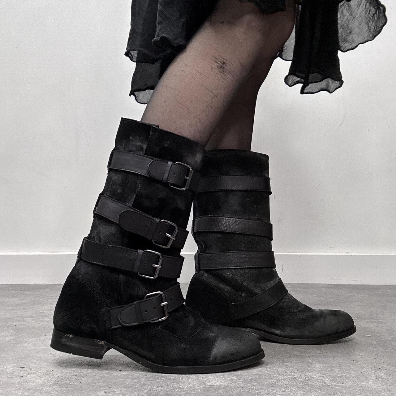 Black leather buckle biker boots
