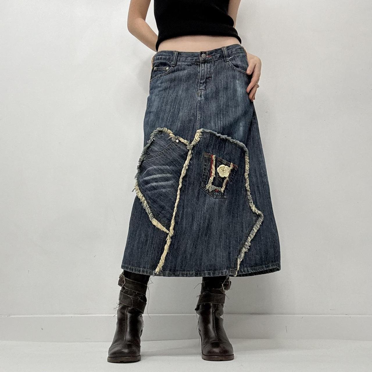 Contrast denim distressed crochet skirt