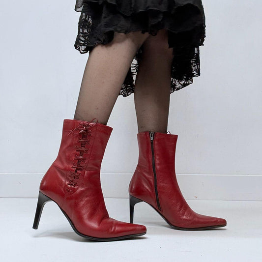 Red leather lace up corset boots