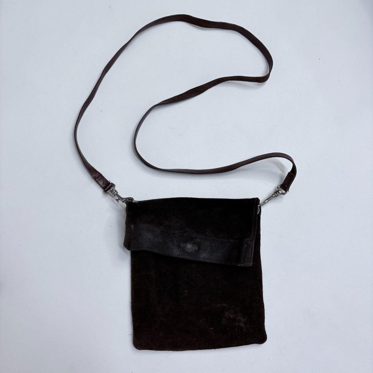 Dark brown suede asymmetric fold over crossbody bag