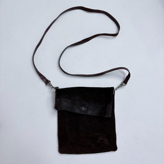 Dark brown suede asymmetric fold over crossbody bag