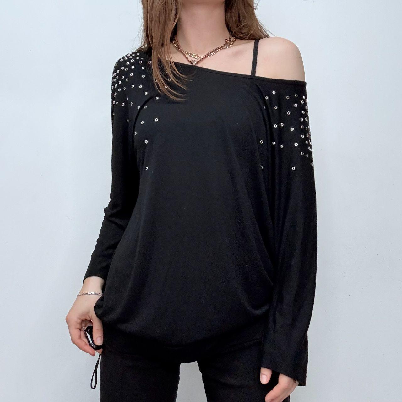 Black slouchy studded eyelet top