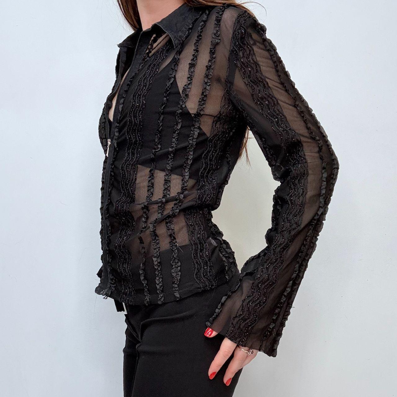 Black lace zip-up fitted shirt