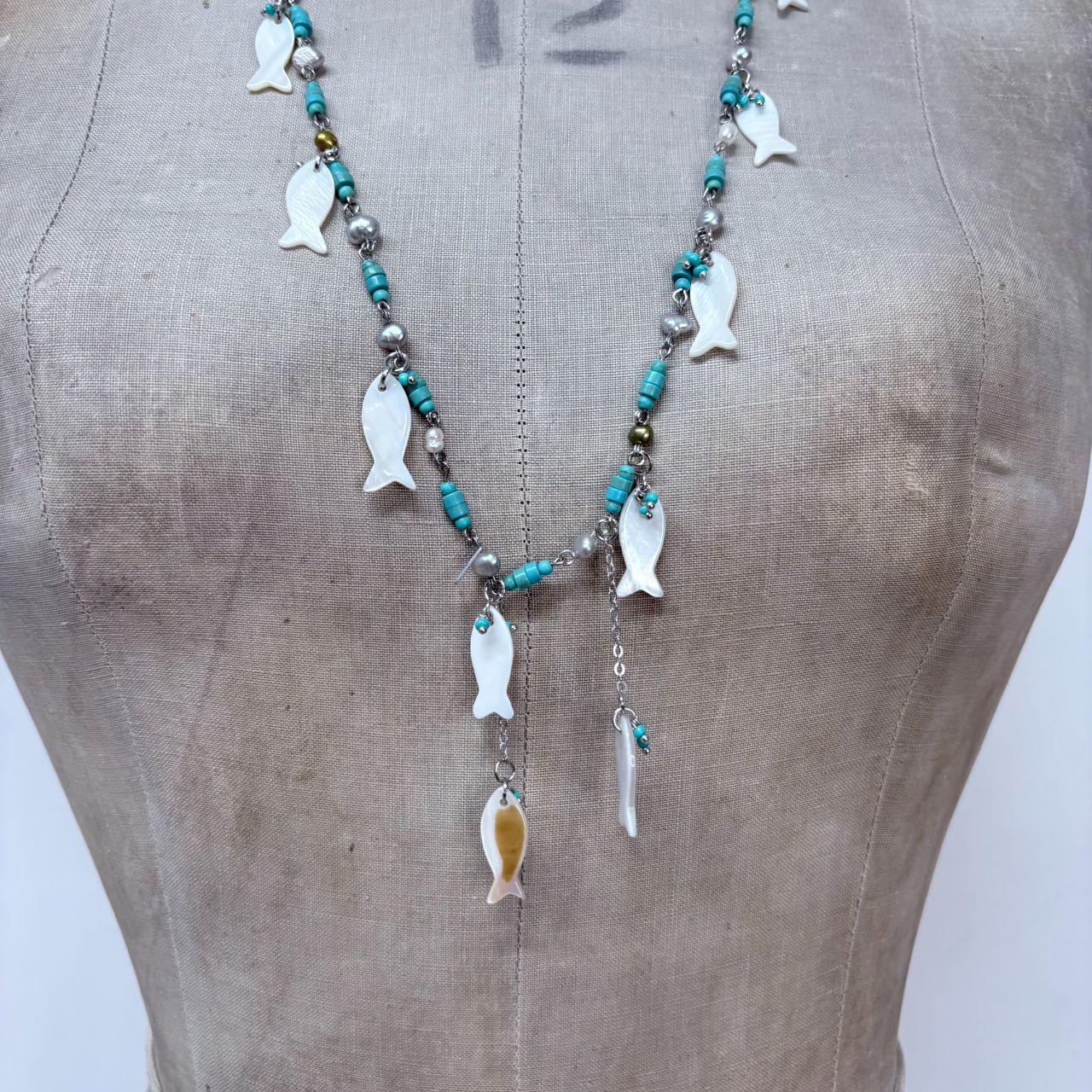 Fish charm mother of pearl beaded chain necklace
