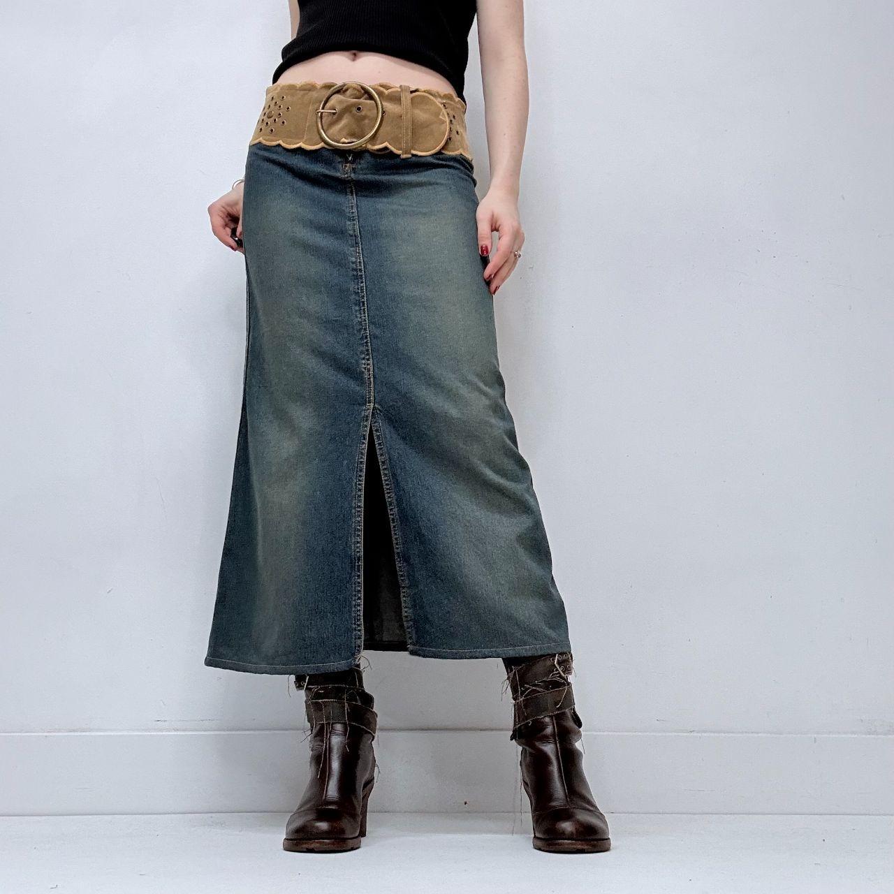 Chunky belted denim slit maxi skirt