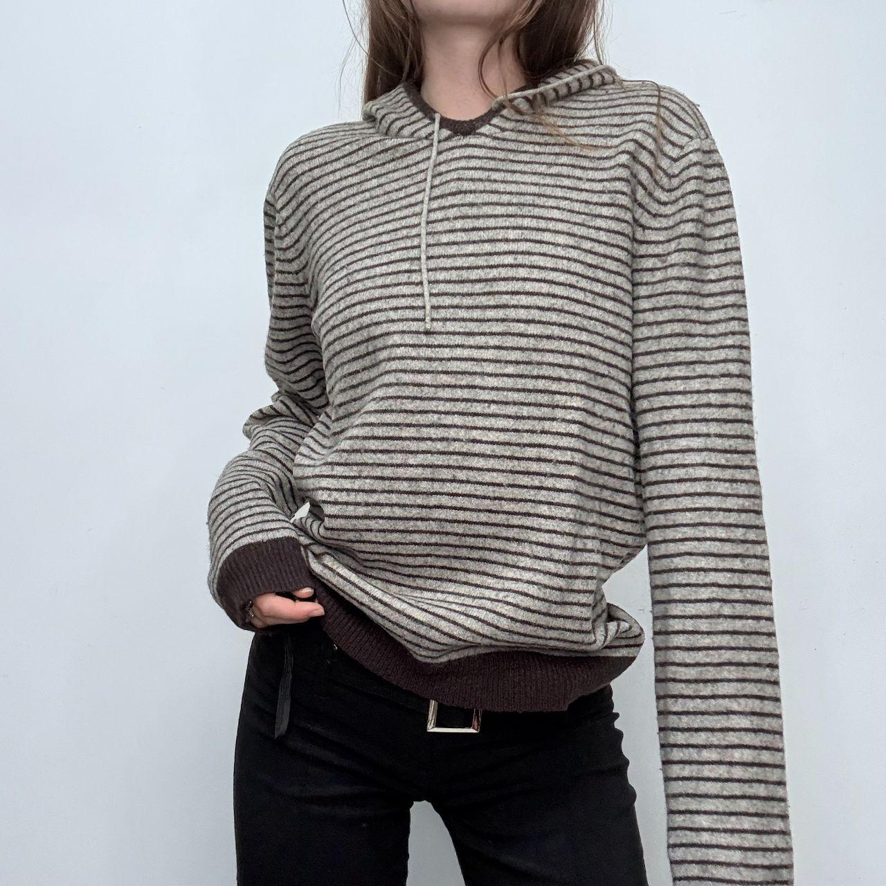 Grey wool pinstripe knitted hoodie jumper