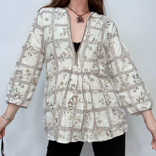 White embroidered flared puff sleeve shirt