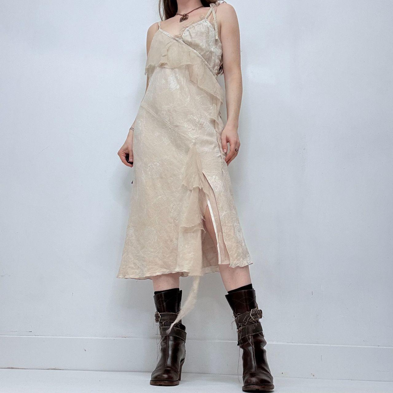 Asymmetric tan flutter midi dress