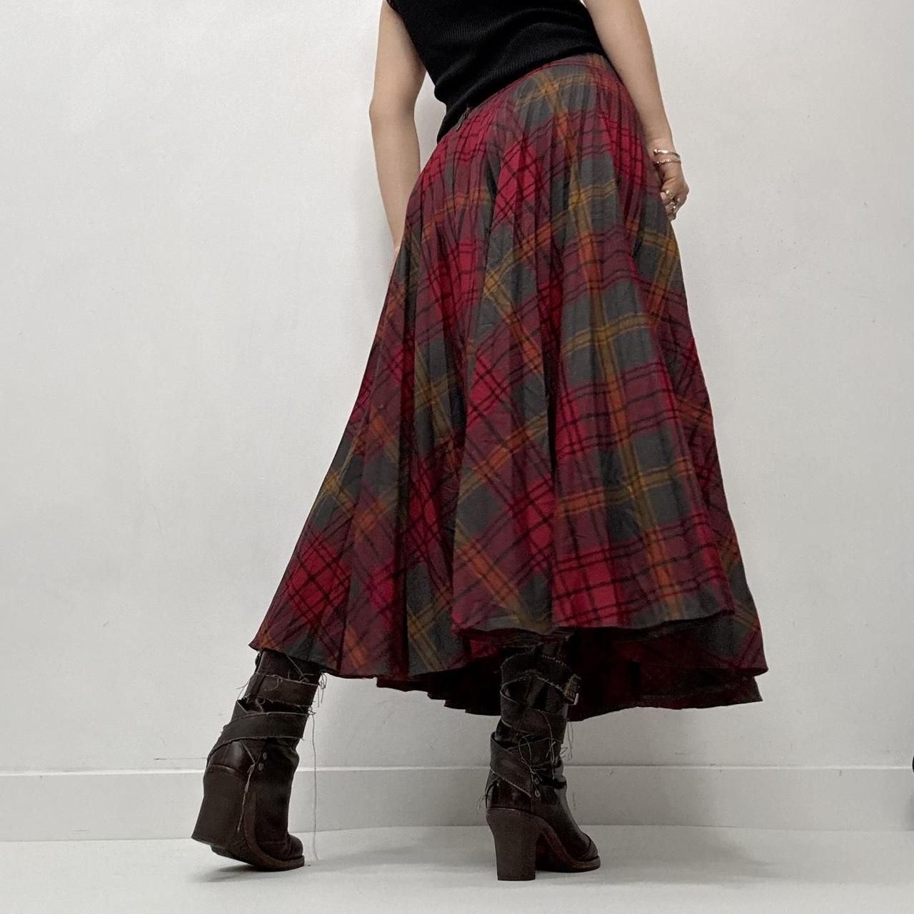 Red pleated tartan maxi skirt