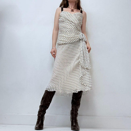 White wrap gathered polkadot dress