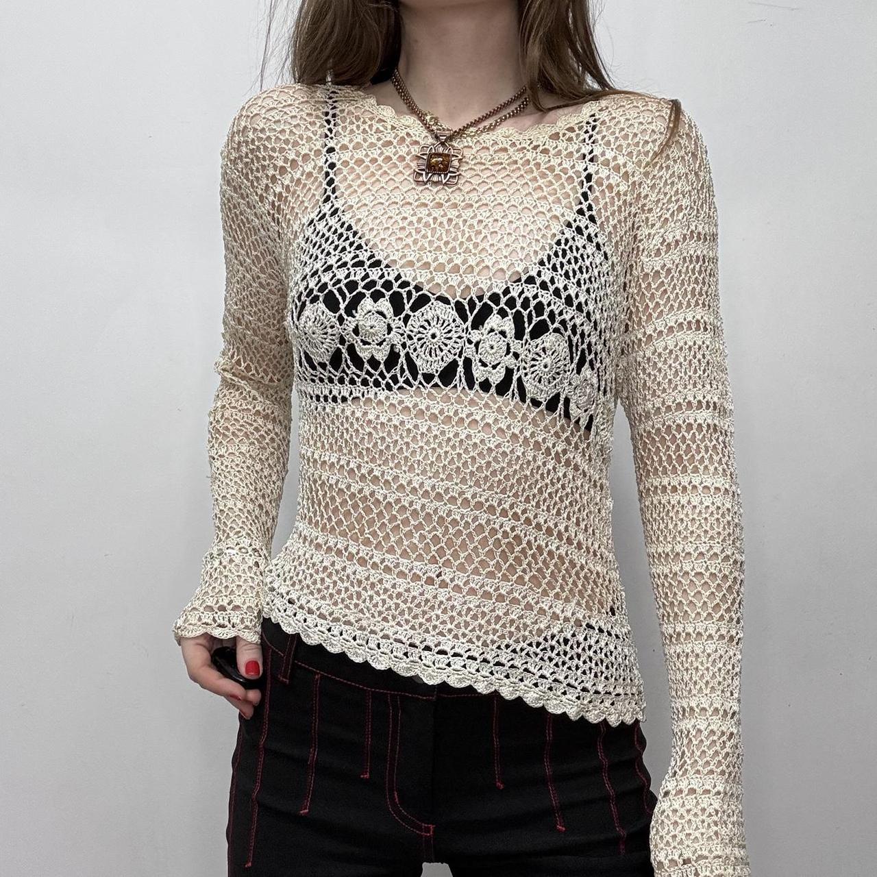 Sheer cream lace knit crochet top