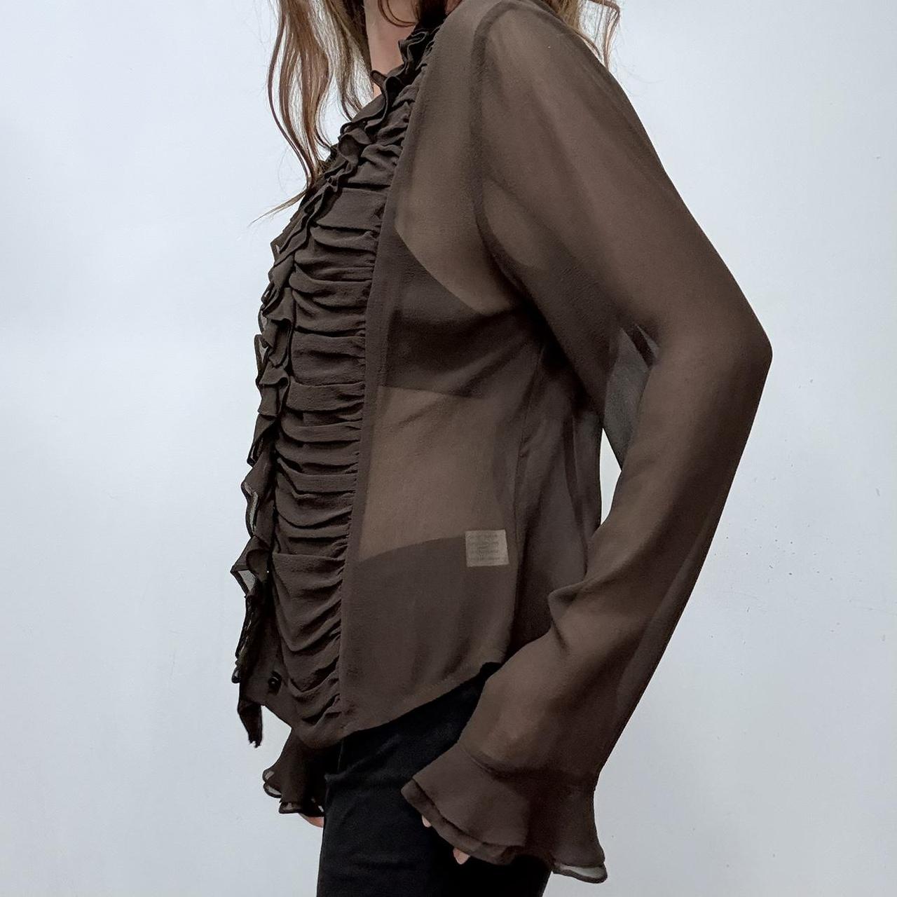Sheer brown silky gathered ruffle shirt