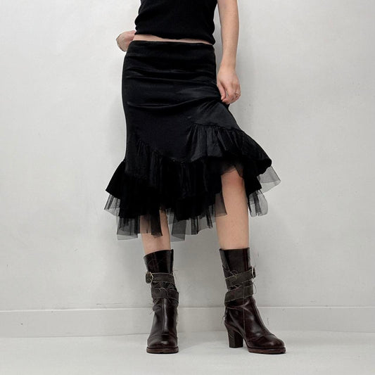 Black satin mesh ruffle skirt