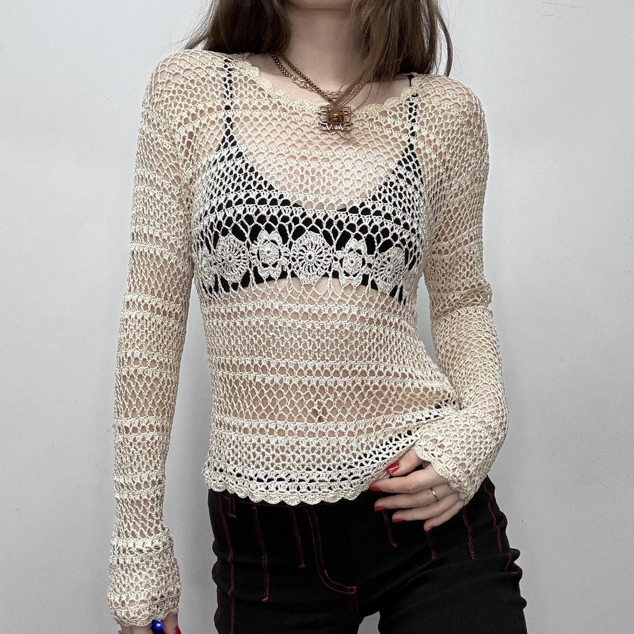 Sheer cream lace knit crochet top
