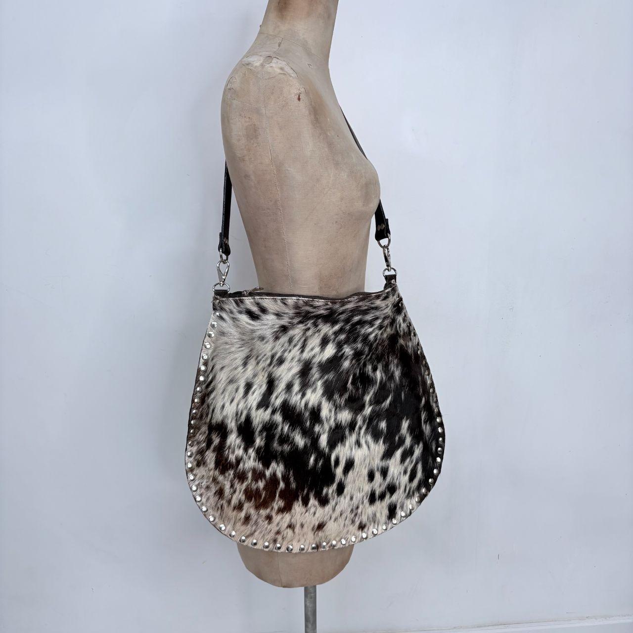 Pony hide studded cow shoulder bag