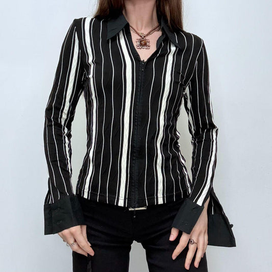 Black pinstripe fitted zip shirt