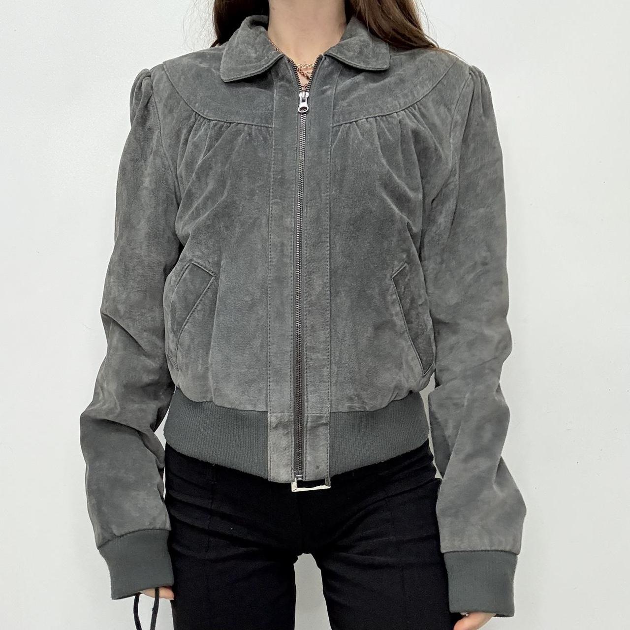 Grey suede cropped puff bomber jacket