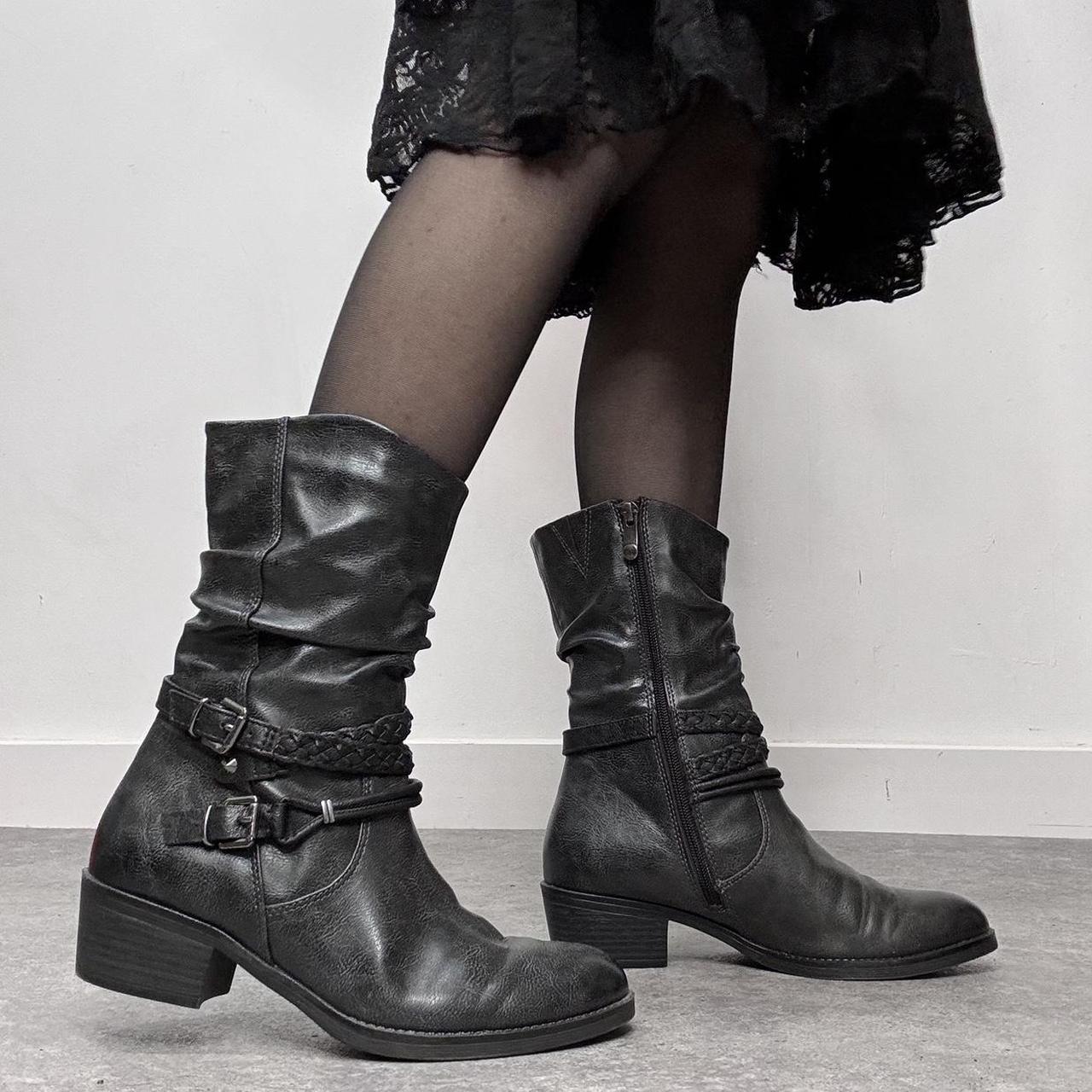 Black leather buckle biker boots