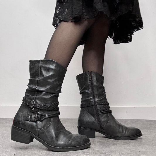 Black leather buckle biker boots