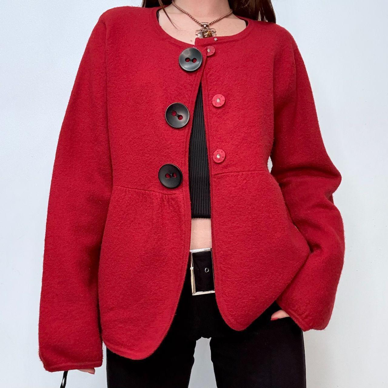 Red flared oversized button puff peacoat cardi