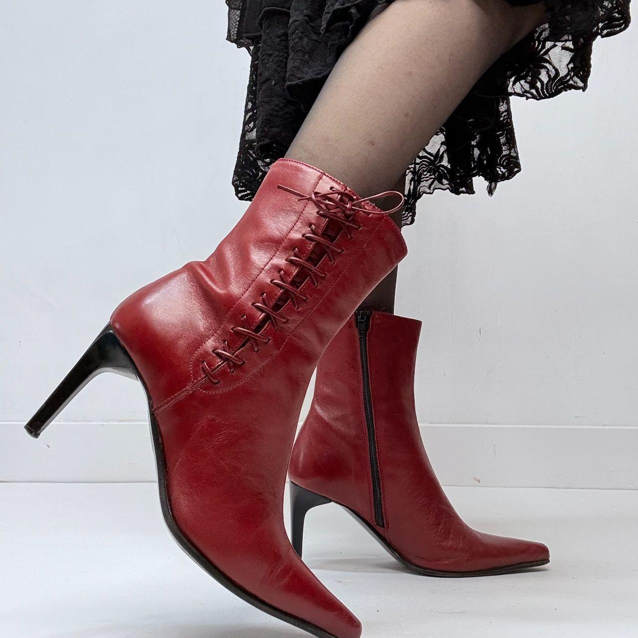 Red leather lace up corset boots