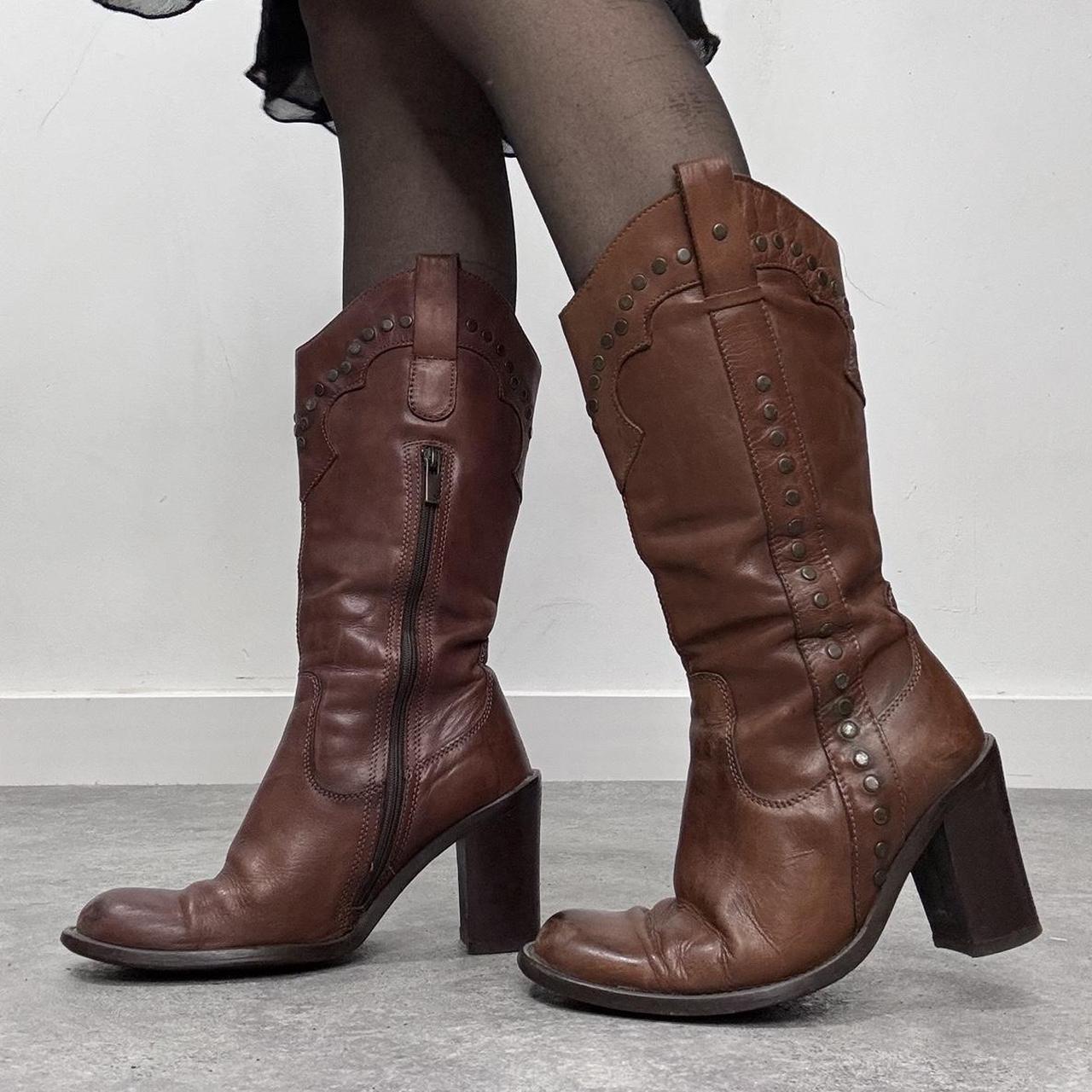 Brown leather studded boots
