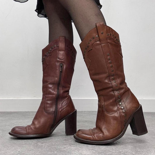 Brown leather studded boots
