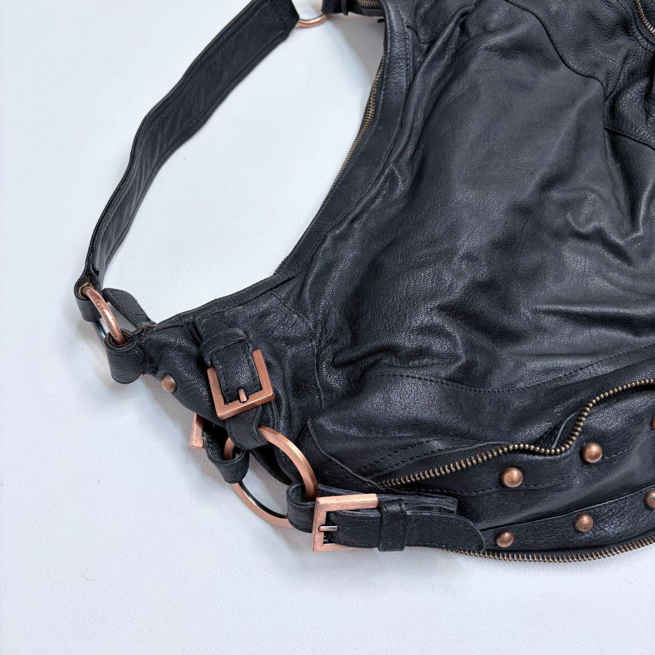 Black leather studded slouchy biker bag