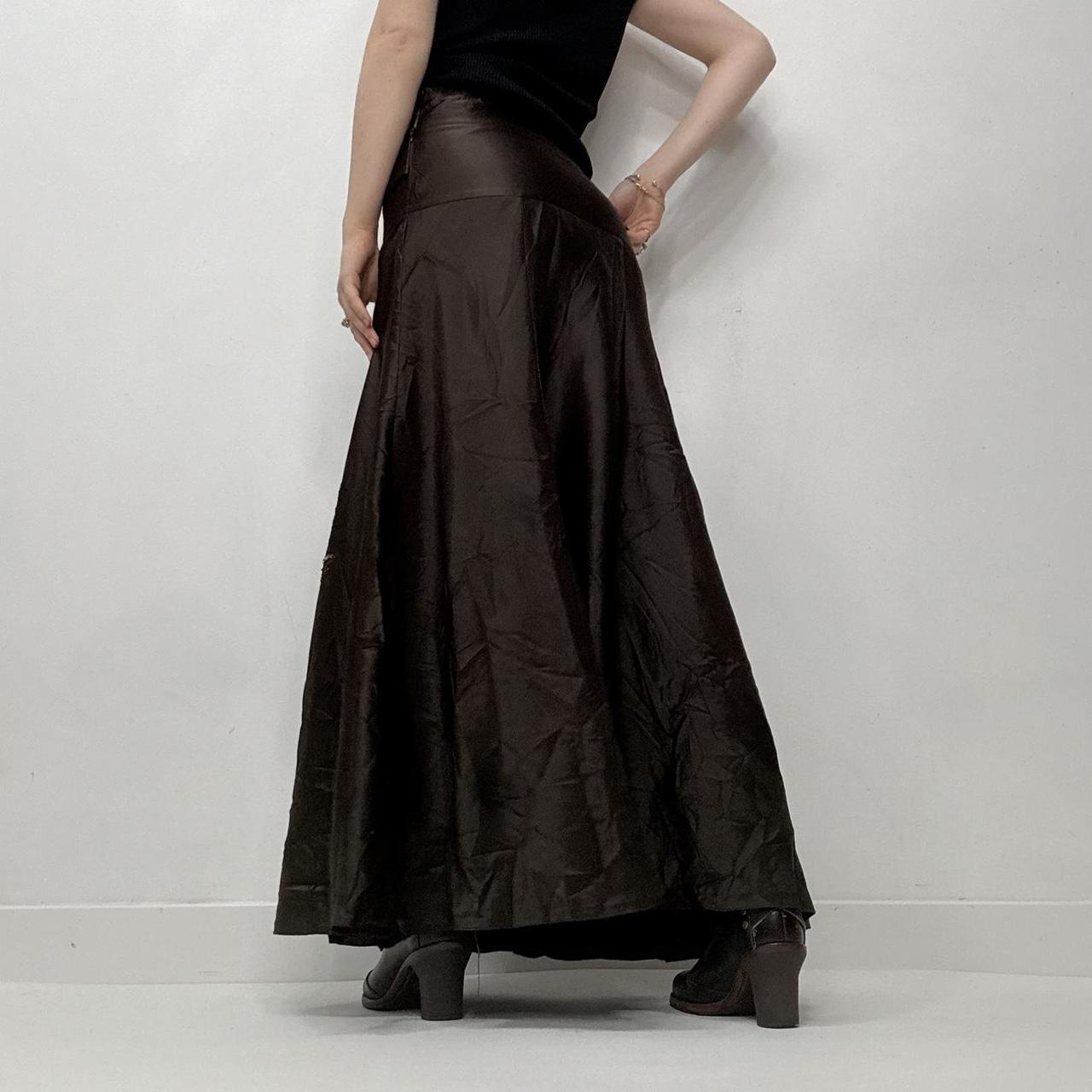 Brown flared satin maxi skirt