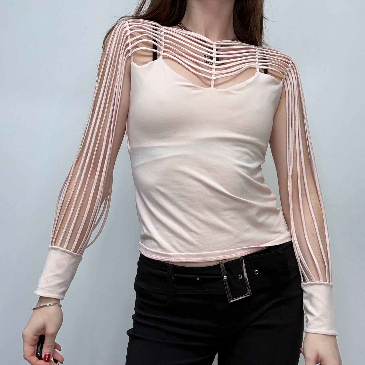 Pastel pink cut-out sleeve flared shirt