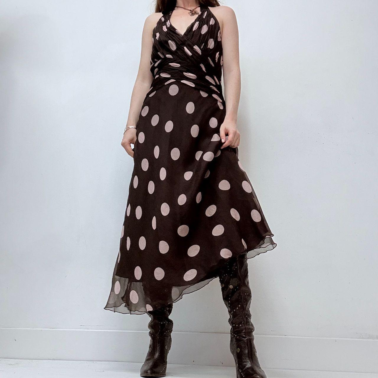Brown silk polkadot halter dress