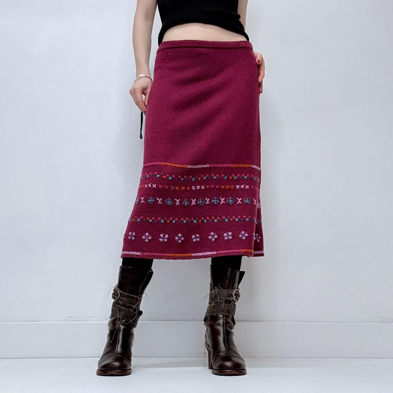 Pink hippie knitted embroidered midi skirt