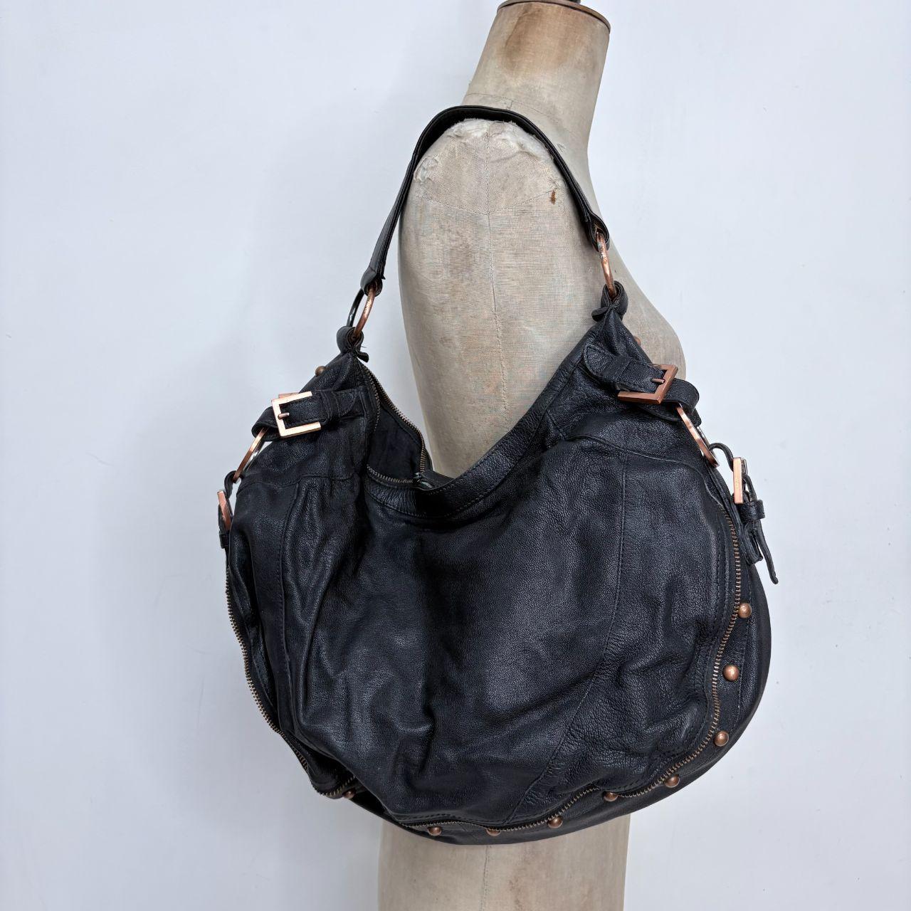 Black leather studded slouchy biker bag