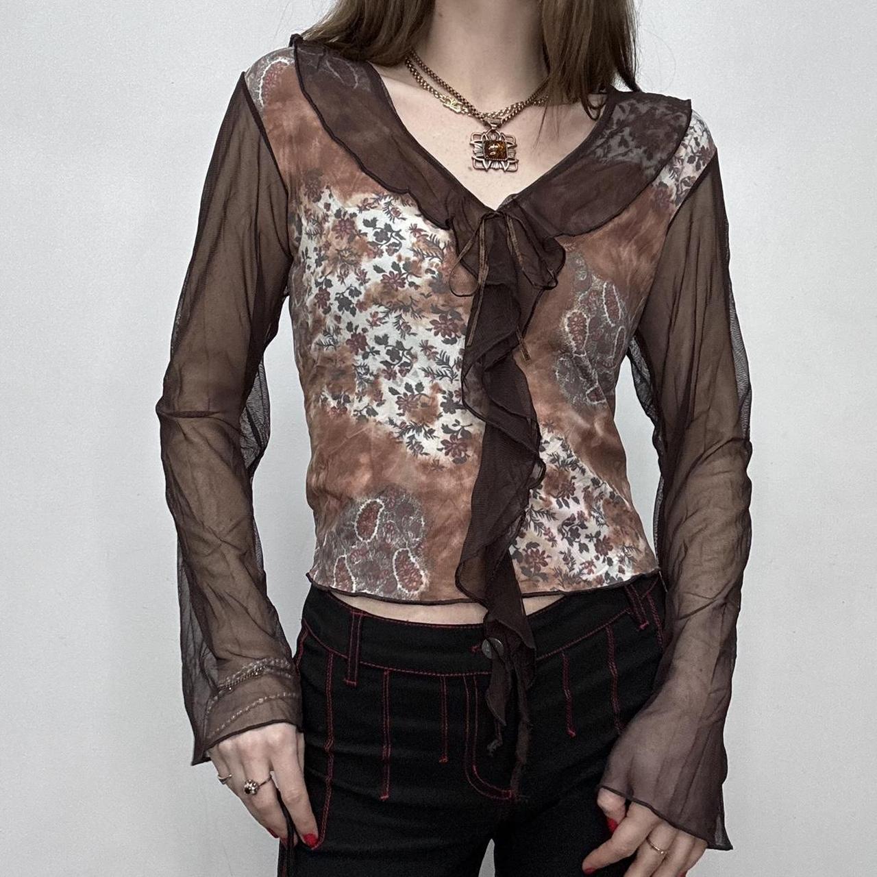 Brown flared floral ruffle shirt