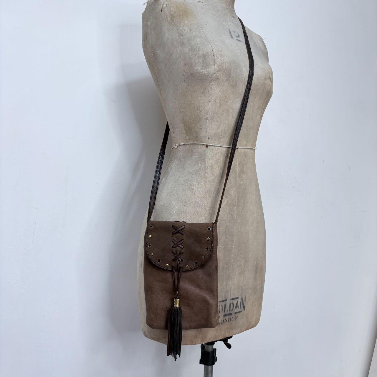 Brown leather corset lace up boho tassel bag