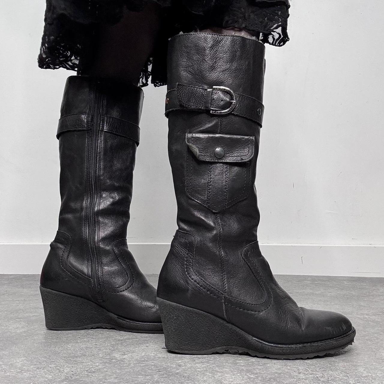 Black leather buckle knee high boots